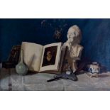 Edward Williams (British, 20th Century), a still life with a bust of Voltaire and an open book,
