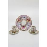 Two hand painted Coalport sets, with a hand painted plate. Size:- Cups 5.5cm. (approximately)