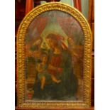 Manner of Perugino, Madonna and child flanked by Saints, patterned curtain and Tuscan/Umbrian