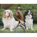 A realist portrait of 2 working dogs and a Harris hawk. Framed and glazed.
