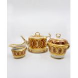 A Derby Porcelain tea set, Neoclassical drum form decorated in 583 pattern gild and red lozenge