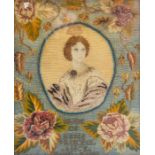 A Victorian wool work embroidered panel, worked in colours centred by an oval depicting Princess