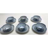 A set of six Chinese Nanking Cargo blue and white tea bowls and saucers, 18th Century, each