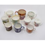 Various Staffordshire mugs, including Herculaneum lustre, song mug, floral painted, Coalport type,