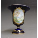 A small Vincennes pedestal vase, painted with landscapes in gilt cartouches  on a blue-lapis ground,