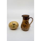 SOUTH AFRICA 1900 DOULTON JUG, tall, brown top, lower tan salt glaze pict. transfers all round
