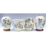 Four items of Chinese Republic period famille rose porcelain, to include a jardiniere decorated with