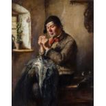 Albert Muller-Linske (German, 1844-1930), Threading the Needle, signed l.r., oil on panel, 37 by