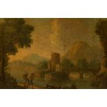 Italian School, late 18th Century, a lake landscape with figures in the foreground and a tower by