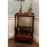 A Victorian burr walnut Canterbury Whatnot, circa 1880, the upper section with fretwork applied to