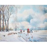 Snow, Sinclair, 'The Meet Moves Through The Snow', oil on board 1973, framed, 19 inches x 15