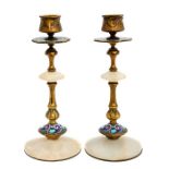 A pair of late 19th/early 20th Century Century French candlesticks, gilt bronze, champleve enamel