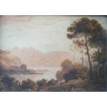 Follower of John Varley, A highland landscape with figures by a Loch, watercolour, 27cm by 39cm,