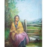 English School, mid-19th Century, A girl seated by a stile, indistinctly signed l.l., 31cm by