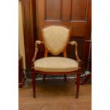 An Edwardian Hepplewhite style shield back upholstered open armchair, with cream upholstered back