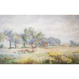 Gresley, Cuthbert (1876-1963), pastoral scene with cows, sheep and village, watercolour, signed,