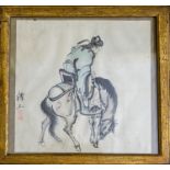 19thC ink and wash scroll fragment depicting a robed man on horseback.