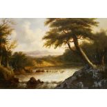 Follower of Alexander Nasmyth, a river landscape, oil on panel, 32 by 43cm, gilt frame
