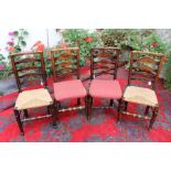 A set of eight early 19th Century ash and rush seated side chairs, of regional design, with slat