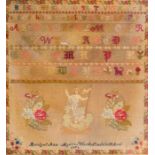 A Victorian textile sampler, worked in coloured wool on a coarse linen ground with alphabet and