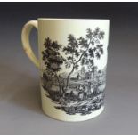 A Staffordshire creamware large mug, decorated with a black  printed landscape of a castle and three