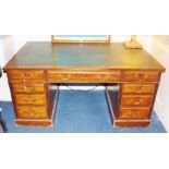 An Edwardian mahogany twin pedestal writing desk, inset leather top, 73cm high, 153cm wide, 90cm