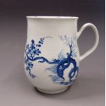 A large Worcester blue and white baluster shaped mug, painted with the Prunus Root pattern, circa