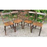 A set of four early Victorian kitchen chairs, beech with elm seats, raised on turned legs, 82cm high