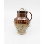 George III silver mounted and lidded stoneware flagon, Windmill, hunting, biblical etc scenes,