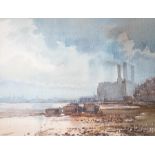 Two framed and glazed watercolours, both signed Michael Crawley, one industrial scene by the estury,