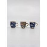 Three Chinese cups, Qianlong, two blue and white with overglaze gilding, the other with polychrome