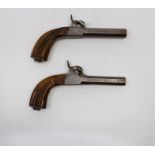 A pair of Belgian Percussion cap pistols with 9cm long rifled Damascus barrels. Approx 14mm bore.