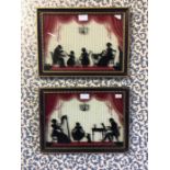 A pair of silhouette pictures, circa 1920's, each a theatrical stage scene set with drapery and