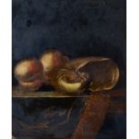 Manner of Johannes Borman, still life of peaches and a shell on a draped table, oil on panel, 35