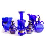 Bristol blue glass to include jugs, vases, drinking glass, pair of decanters with gilt detailing etc
