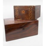 A mahogany jewellery box (no interior) with key, later brass cartouche to lid and an inlaid box with