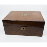 A 19th Century Jewellery box, burr walnut veneer with mother of pearl cartouche, 3 lined lift out