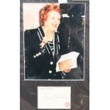 Signed off white card and photo of Margaret Thatcher