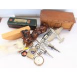 Two clay pipes, cigarette case, cigarette box, Masonic buckle, Ducati key ring, pocket watch,