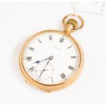 A Cyma 9ct gold open faced pocket watch, white enamel dial, numerals, subsidiary dial,
