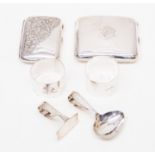 Silver cigarette cases, two napkin rings and a child's pusher/spoon 8.