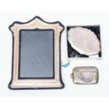 Modern silver rimmed picture frame, Birmingham 1981 along with silver vesta case and silver compact,