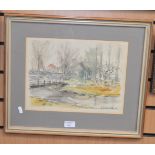 Watercolour of a river scene. English, mid-20th century. Framed and glazed, indistinctly signed.
