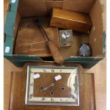 1950's mantle clock, weight set in a case, paper guillotine,