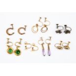 Seven pairs of various drop setting, screw back fitting earrings,