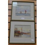 Ernst Dade, Staithes Group, 1868-1934, pair of watercolours, sailing boats and barge, entitled,