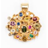 A yellow metal and gem-set pendant, set with diamond, ruby, emerald, sapphire, pearl, amethyst,