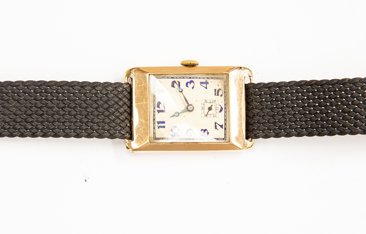 An Art Deco gent's 9ct gold wristwatch, 2cm rectangular dial with subsidiary dial,