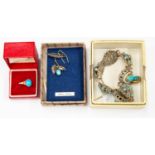 9ct gold and turquoise ring with receipt from 1979 and white metal bracelet set with pearls and
