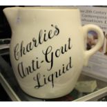 A victorian novelty jug labelled "Charlie's Anti-Gout Liquid".